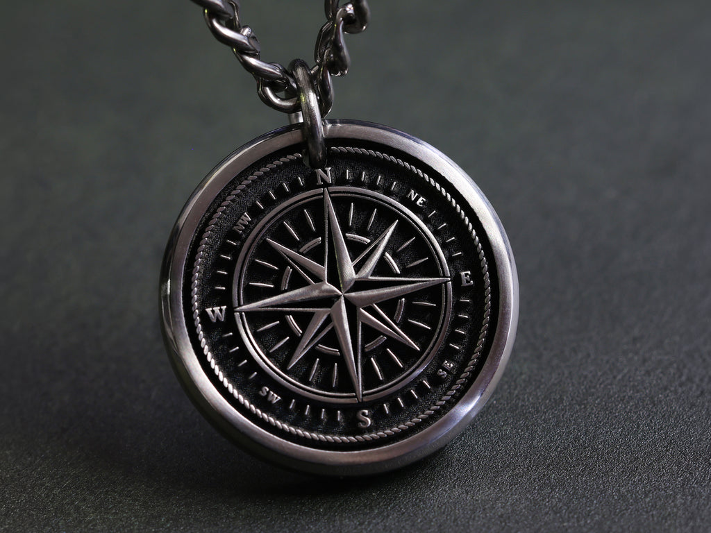 Compass Pendant Black Mens Necklace Titanium Compass