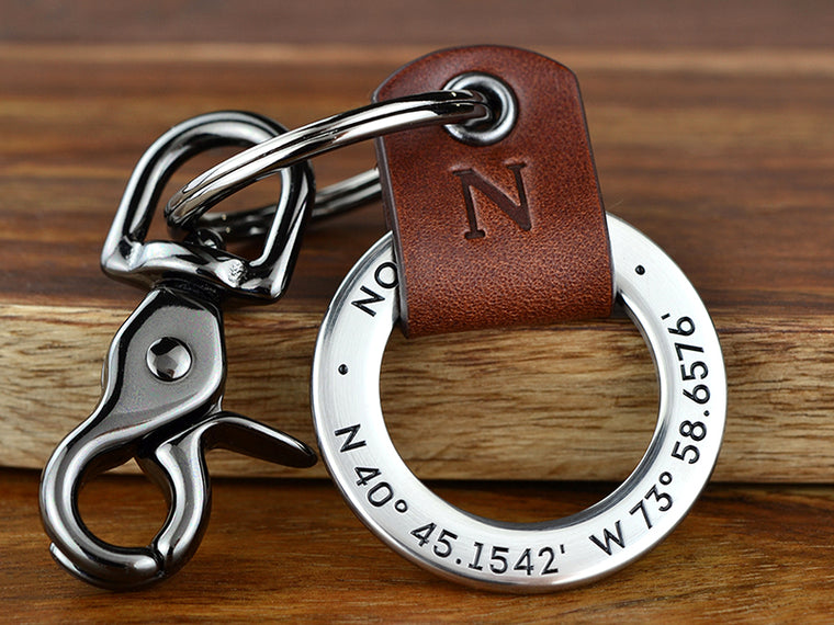 Mens 3rd Anniversary Leather Keychain with Your Initial. Engrave the coordinates of where you got married with your initial embossed into leather to celebrate your 3 years together.