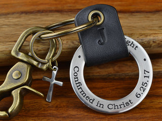 Confirmation Leather Keychain gift Confirmed in Christ with cross charm