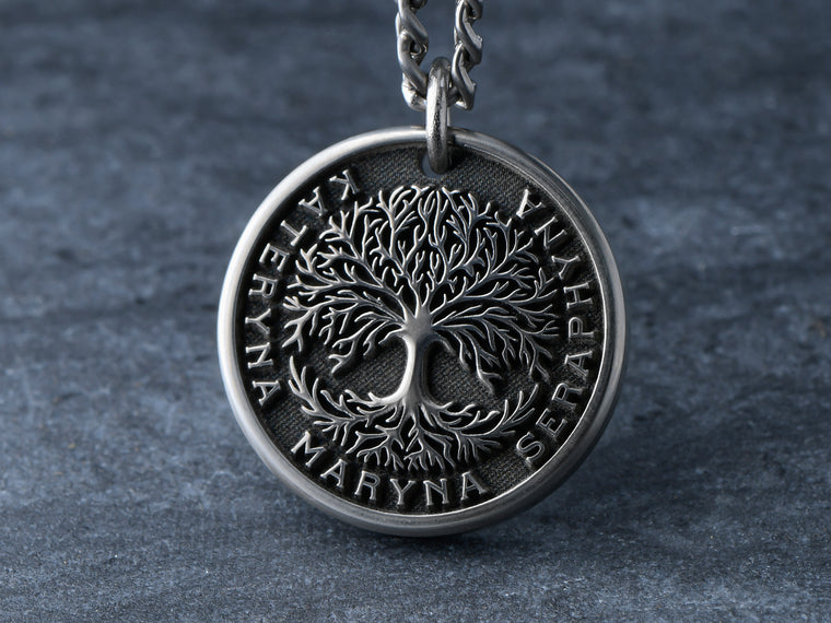 Mens Titanium Tree of Life Jewelry customize with your own names or words around the tree of life