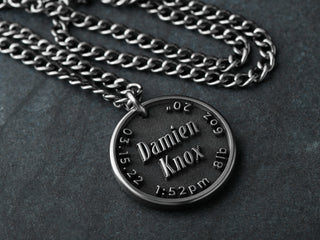 New dad jewelry custom engraved Titanium necklace with baby name and birthdate, custom made in USA