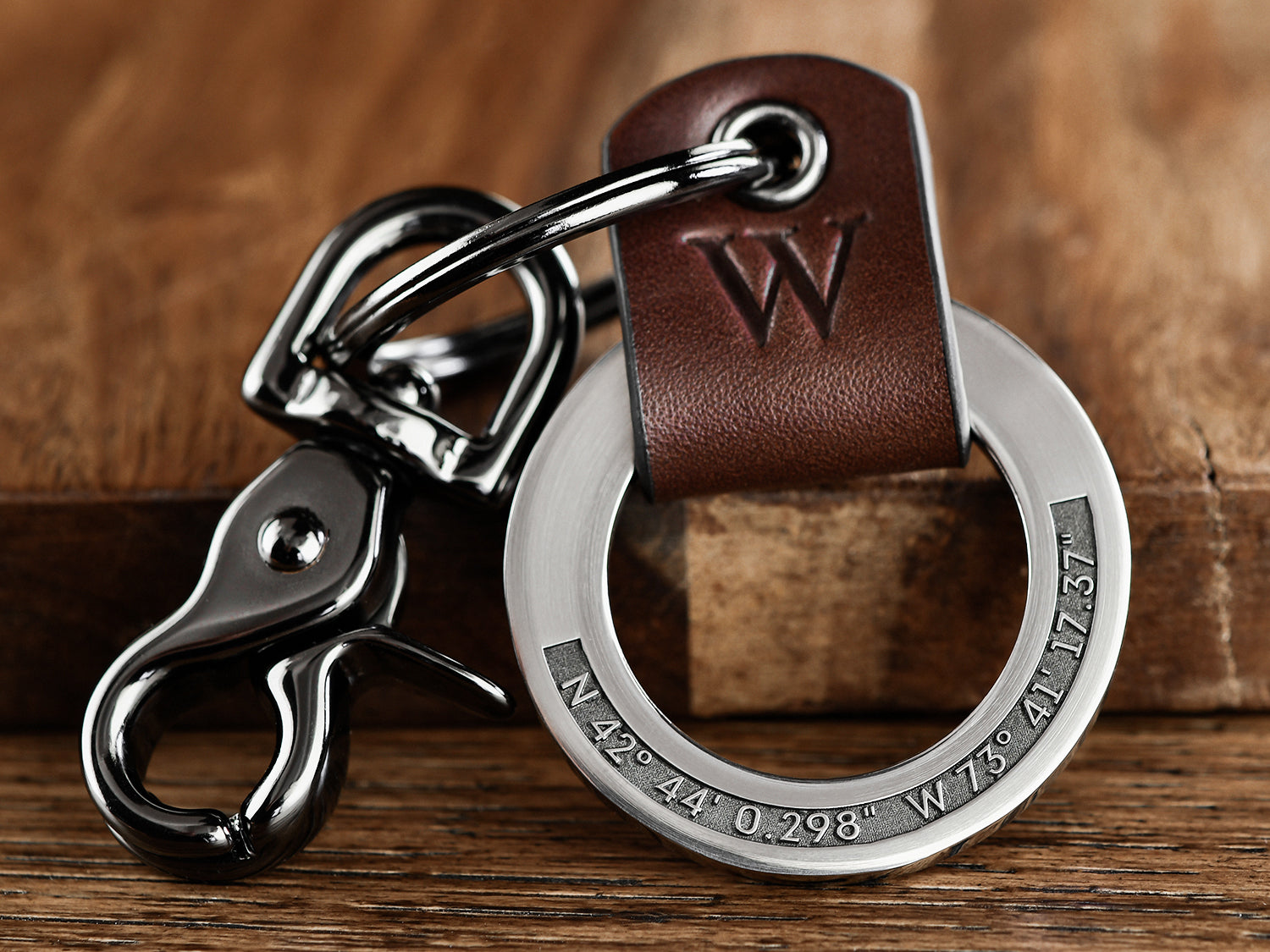 Maven Metals Raised Engraving Coordinates Leather Key Chain Ring