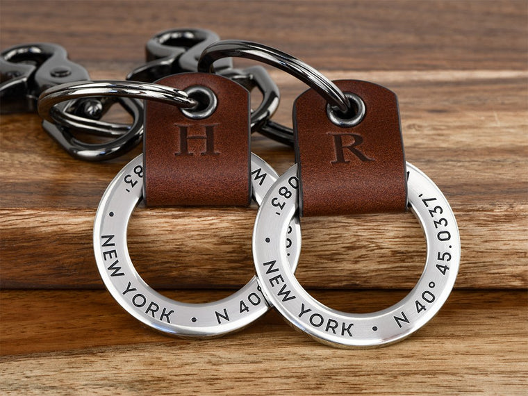 Personalized Couples Leather Key Chain Ring Set