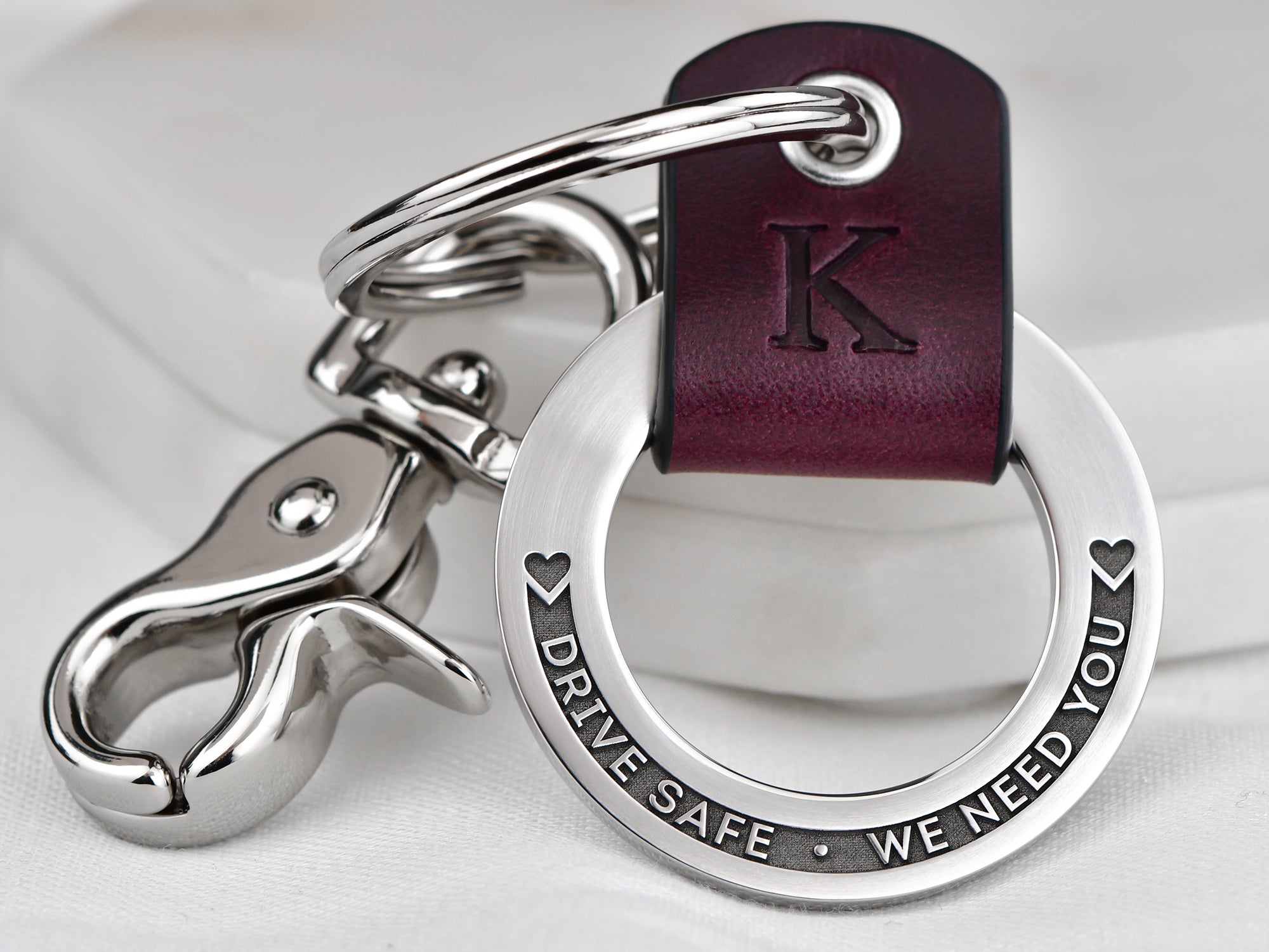 Womens Raised Engraved Leather Keychain Ring - Maven Metals